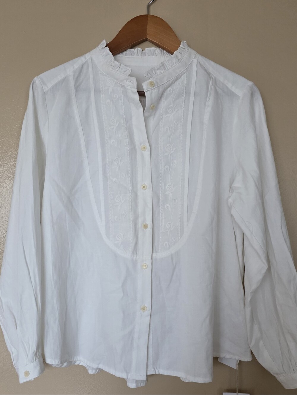 Edwardian Cotton Embroidered Bib Blouse Top M Oversized Ruffle Collar Victorian